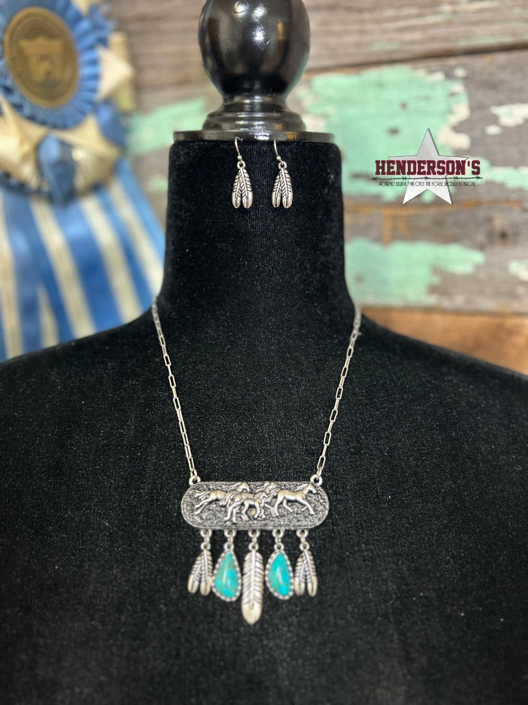 Running Horse W/Feathers Necklace Set - Henderson's Western Store