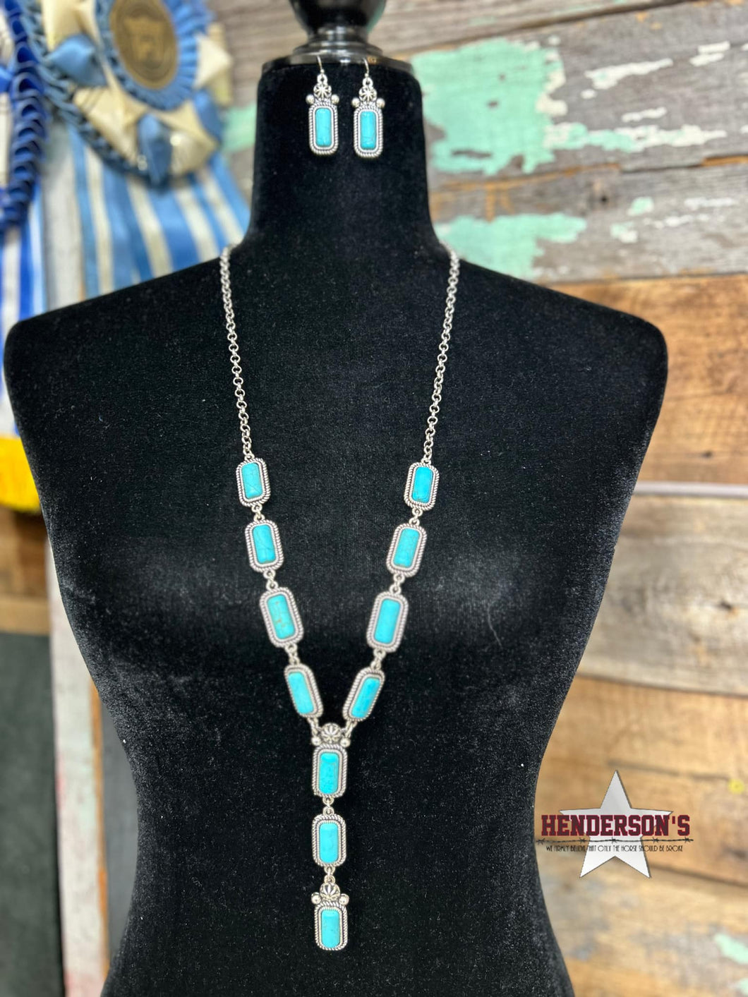Turquoise Stone Y Necklace Set ~ Square - Henderson's Western Store