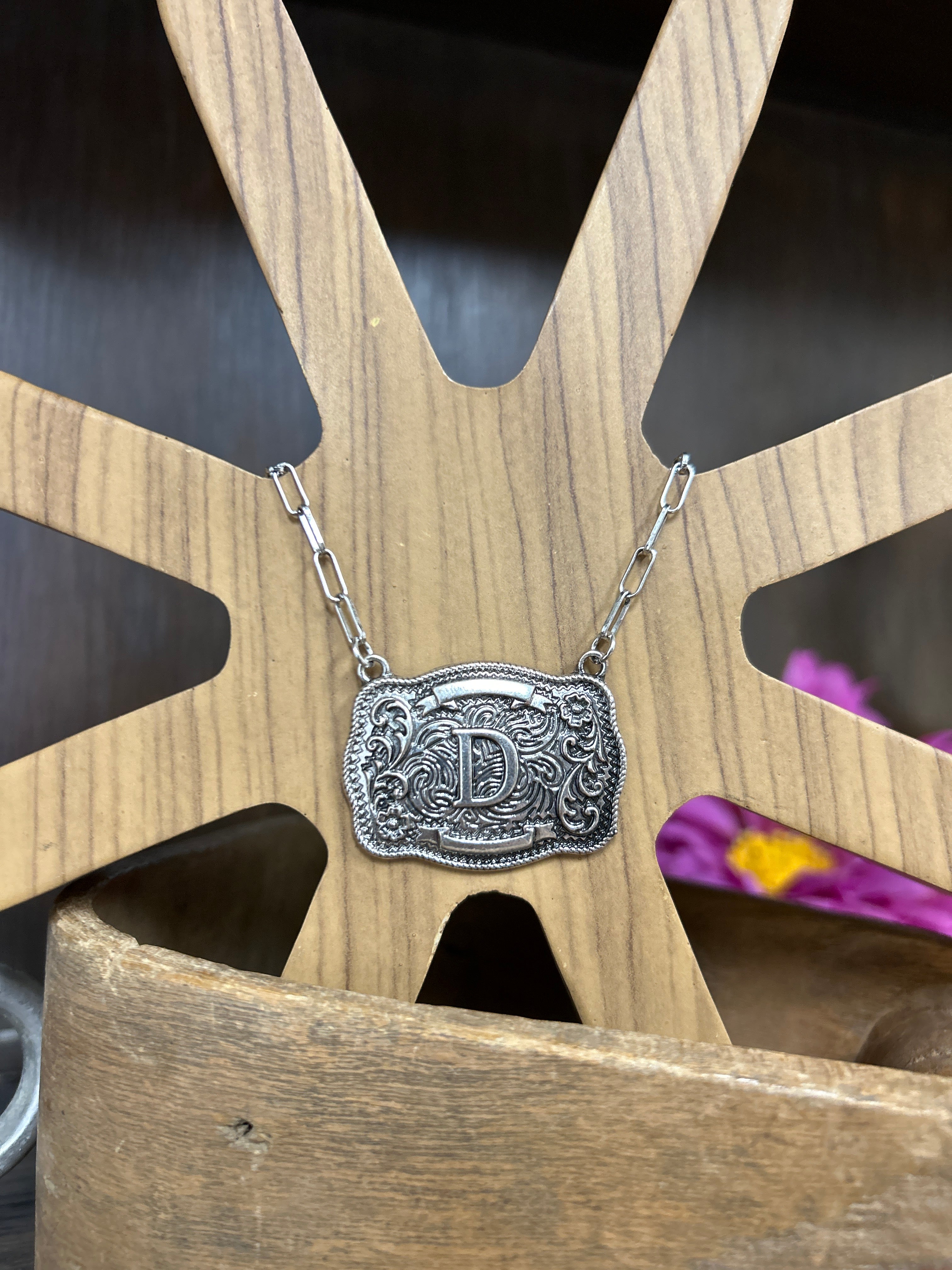 Western Buckle Initial Necklace ~D - Henderson's Western Store
