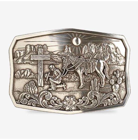 Praying Cowboy Belt Buckle ~ Mountain Scene - Henderson's Western Store