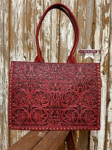 Load image into Gallery viewer, MW Vintage Floral Tooled Tote ~ Red - Henderson&#39;s Western Store