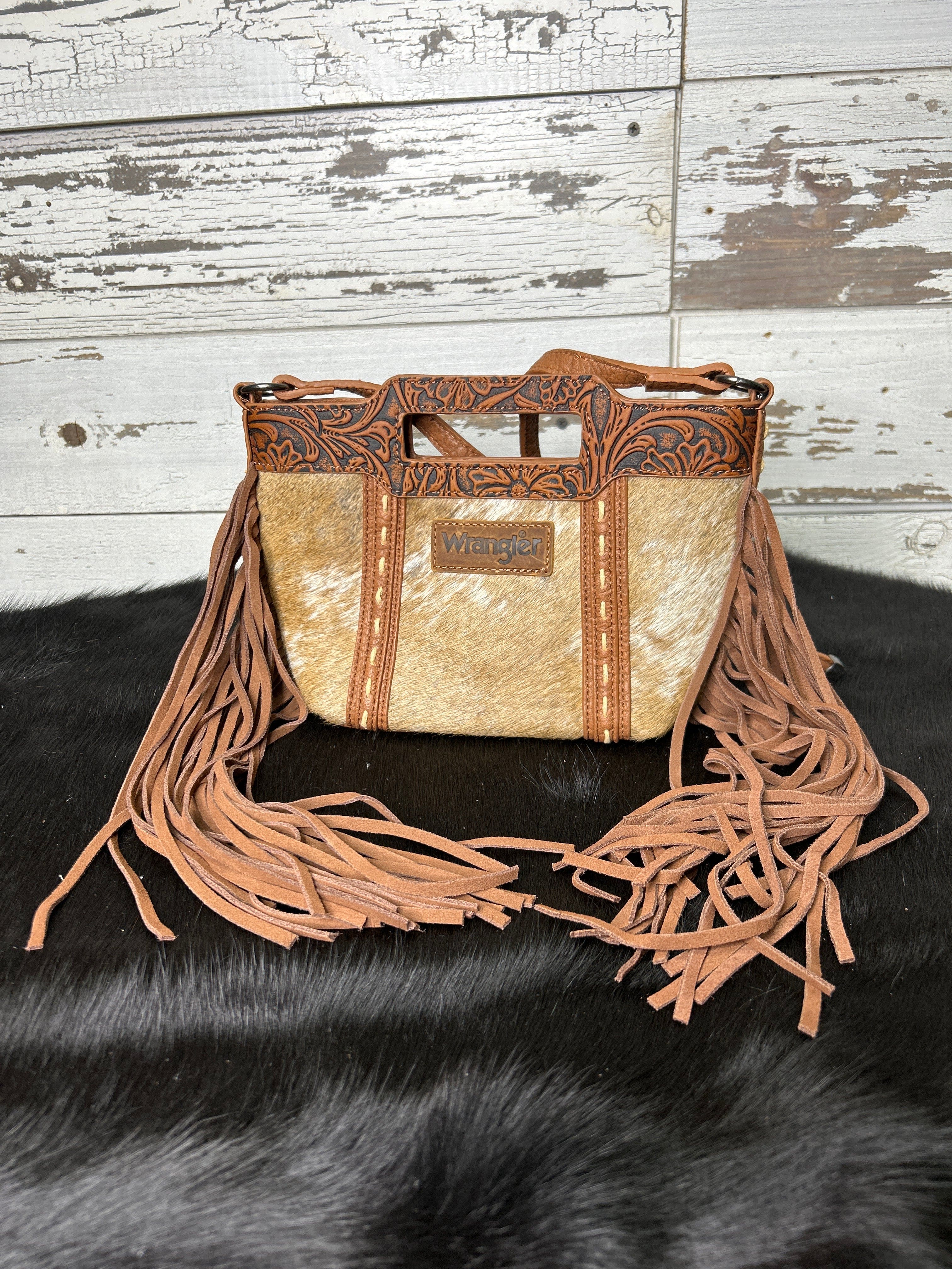 Wrangler Cowhide Top Handle Fringe Crossbody - Brown - Henderson's Western Store