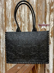 Load image into Gallery viewer, MW Vintage Floral Tooled Tote ~ Black - Henderson&#39;s Western Store