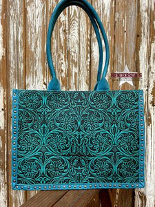 Load image into Gallery viewer, MW Vintage Floral Tooled Tote ~ Turquoise - Henderson&#39;s Western Store