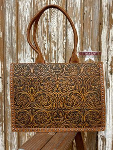 Load image into Gallery viewer, MW Vintage Floral Tooled Tote ~ Brown - Henderson&#39;s Western Store
