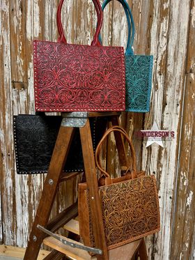 MW Vintage Floral Tooled Tote ~ Red - Henderson's Western Store