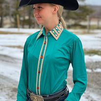 Load image into Gallery viewer, RHC Concealed Zipper Show Shirt - Teal W/Cream - Henderson&#39;s Western Store