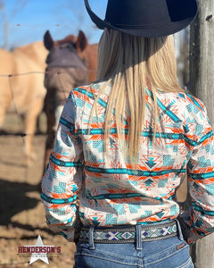 Ladies Aztec Print by Rock & Roll ~ Cream & Turquoise - Henderson's Western Store