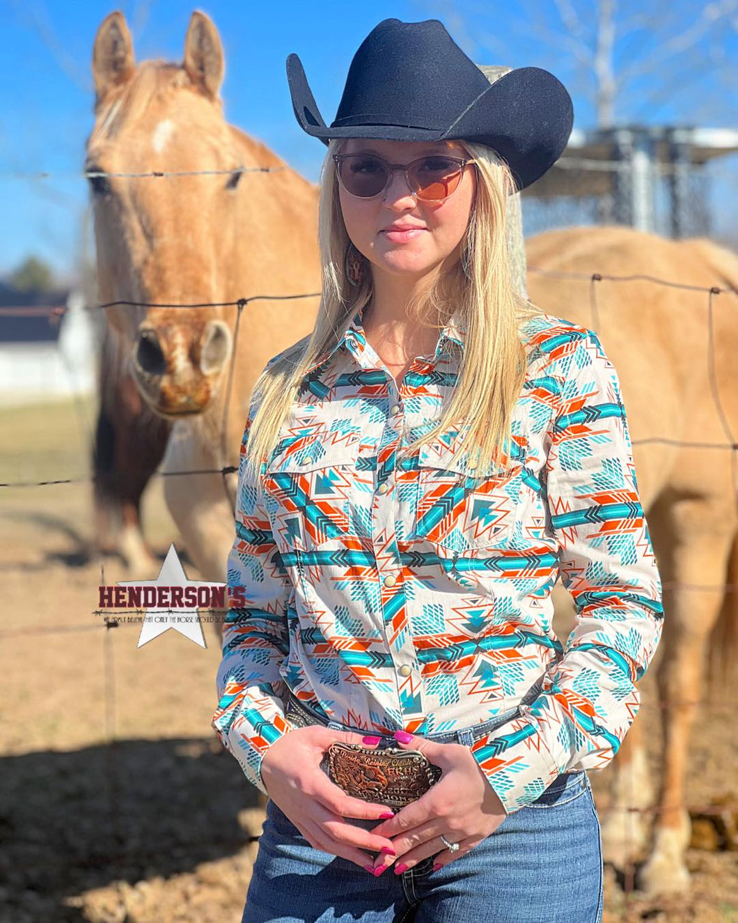 Ladies Aztec Print by Rock & Roll ~ Cream & Turquoise - Henderson's Western Store