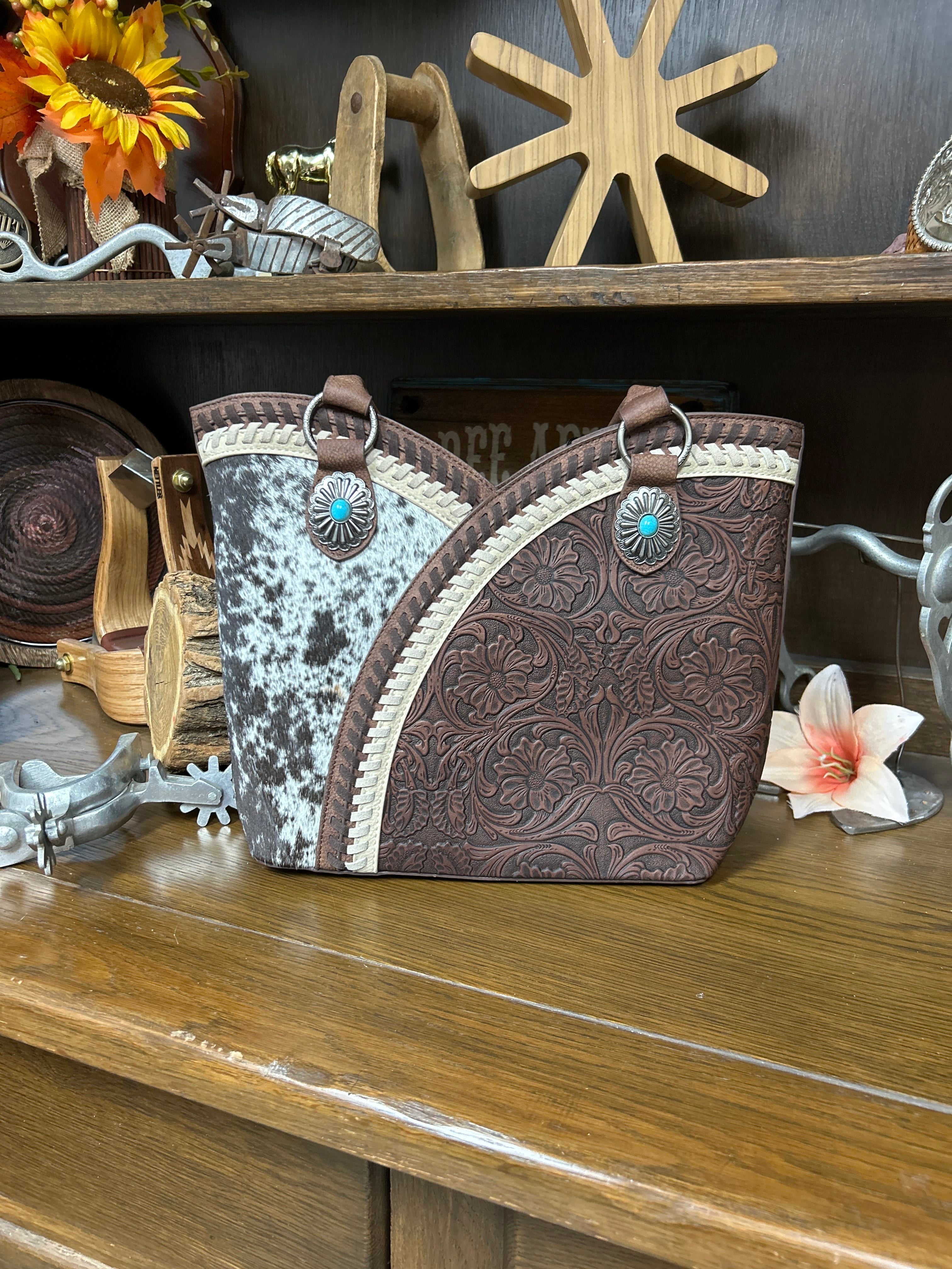 MW Tooled & Cowhide Whipstitch Tote Bag - Henderson's Western Store