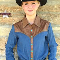 Pullover Button Up by Cowgirl Tuff ~ Brown Faux Leather & Denim