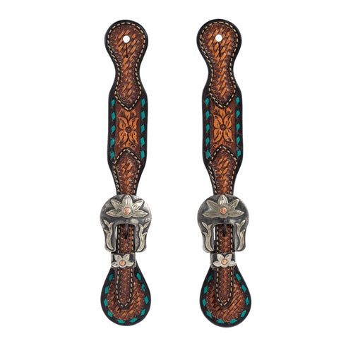 Ladies Turquoise Cross Spur Straps ~ Floral Buckstitch - Henderson's Western Store