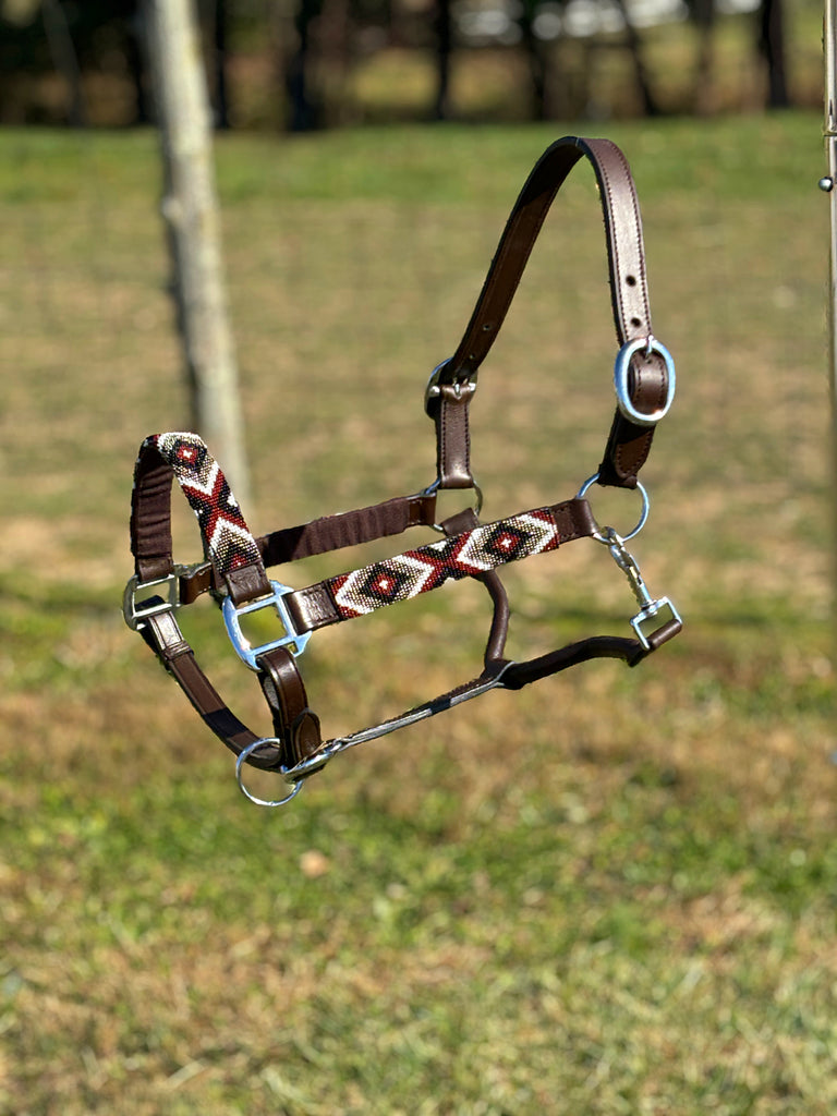 Adjustable Leather Halter W/ Beaded Overlay ~ Burgundy