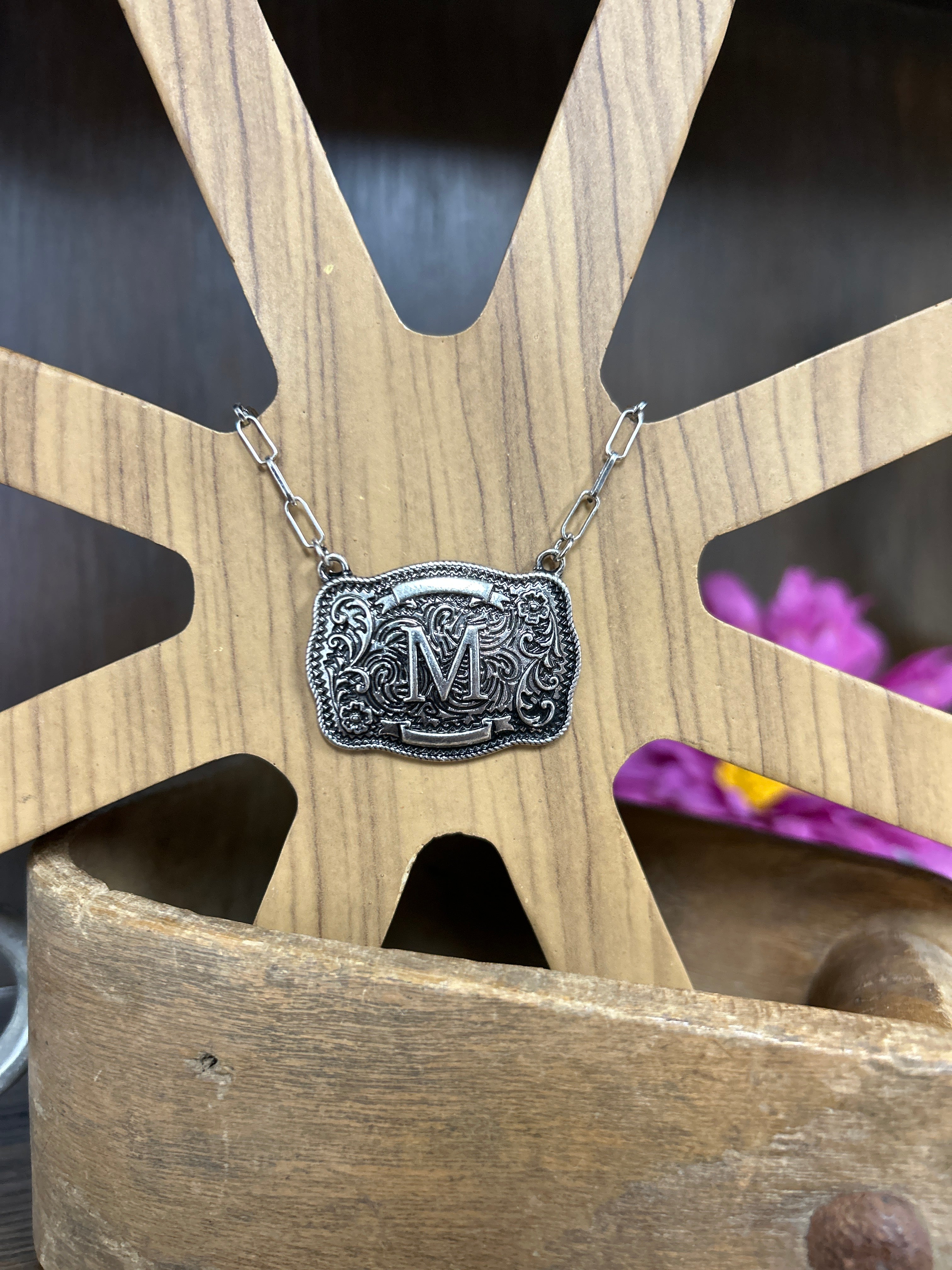 Western Buckle Initial Necklace ~ M - Henderson's Western Store