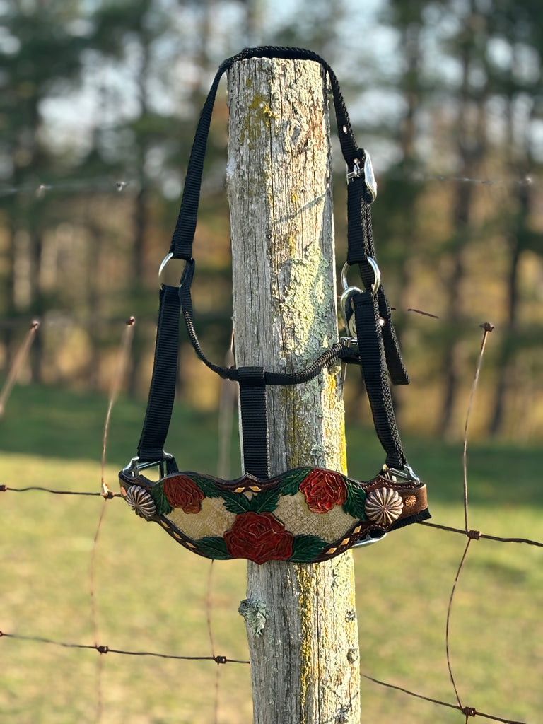 Nylon Bronc Halter ~ Snake Skin & Red Rose