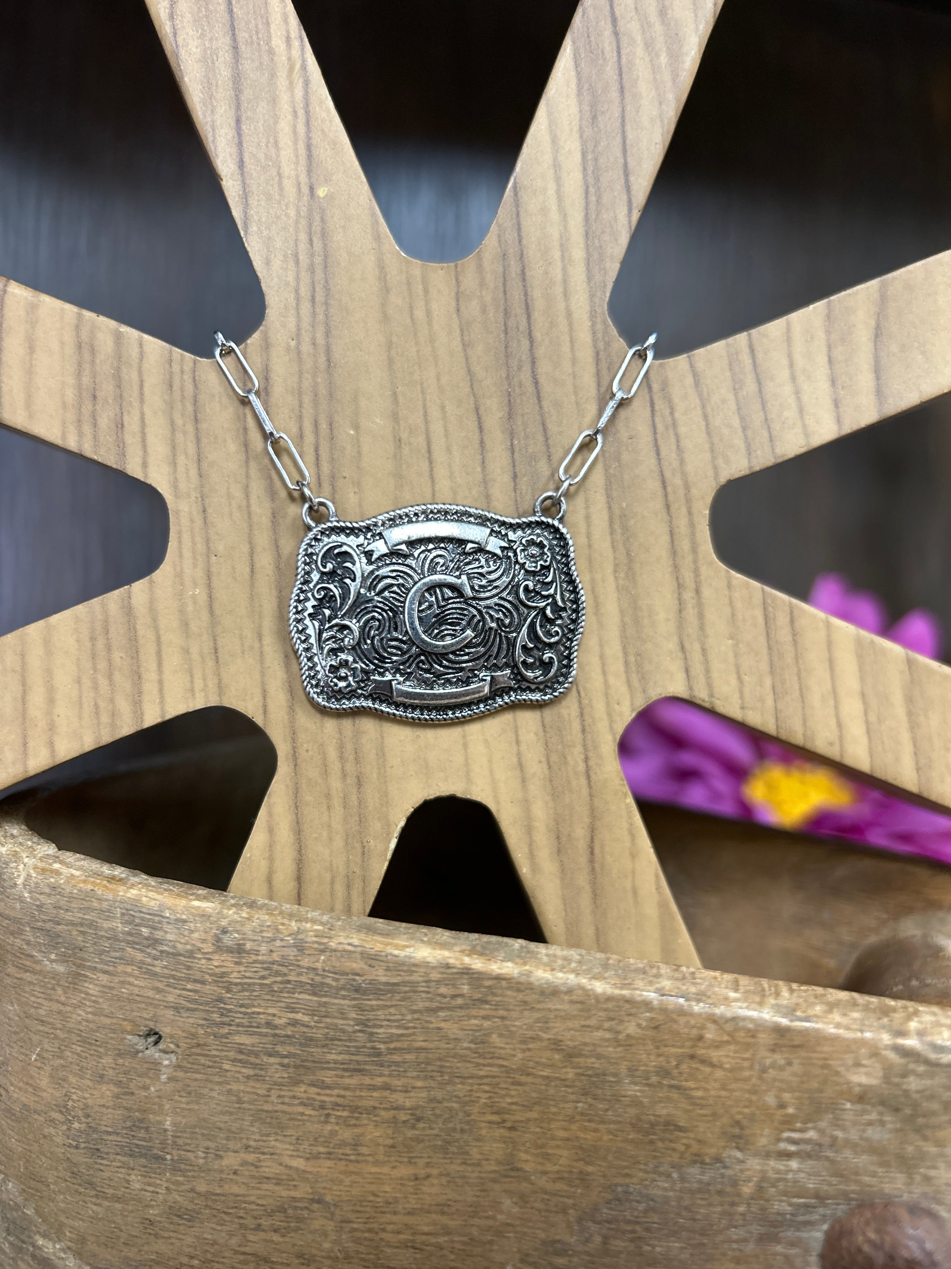Western Buckle Initial Necklace ~ C - Henderson's Western Store