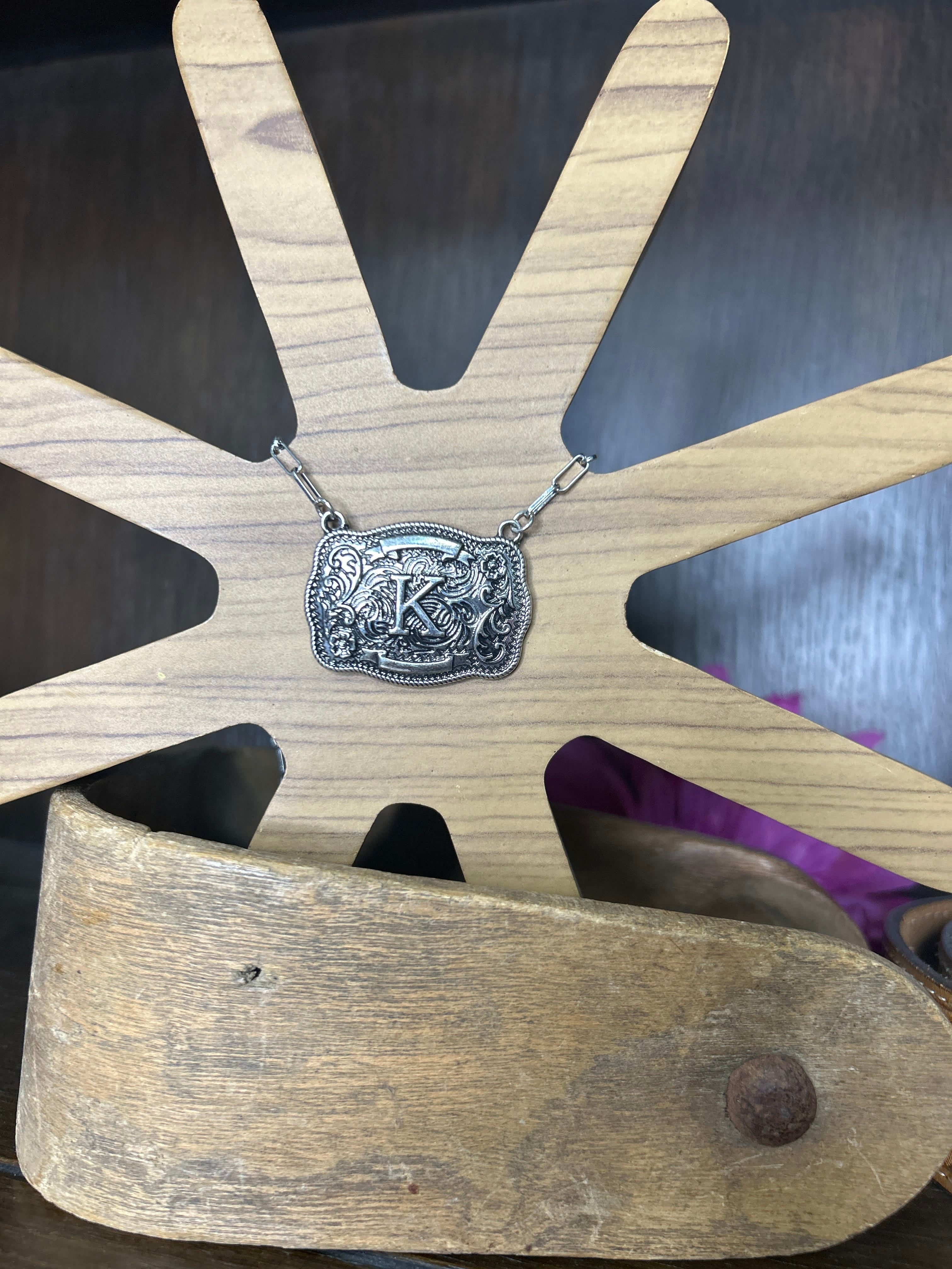 Western Buckle Initial Necklace ~ K - Henderson's Western Store