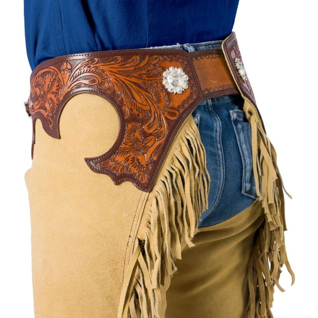 Suede Tooled Top Chaps ~ Sand - Henderson's Western Store