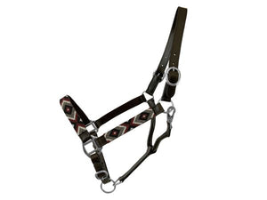 Load image into Gallery viewer, Adjustable Leather Halter W/ Beaded Overlay ~ Burgundy - Henderson&#39;s Western Store