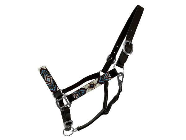 Adjustable Leather Halter W/ Beaded Overlay ~ Teal - Henderson's Western Store