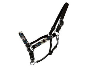 Load image into Gallery viewer, Adjustable Leather Halter W/ Beaded Overlay ~ Teal - Henderson&#39;s Western Store