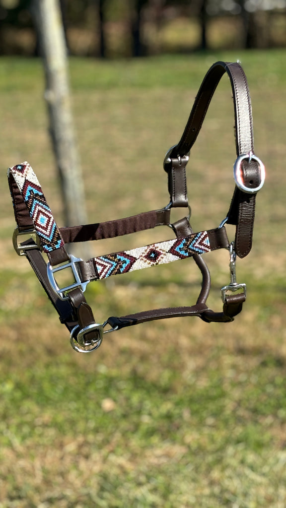 Adjustable Leather Halter W/ Beaded Overlay ~ Teal