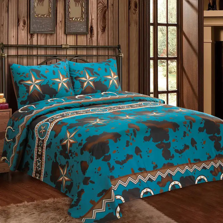 Star & Blue Cowprint Comforter Bedding Set ~ Queen - Henderson's Western Store