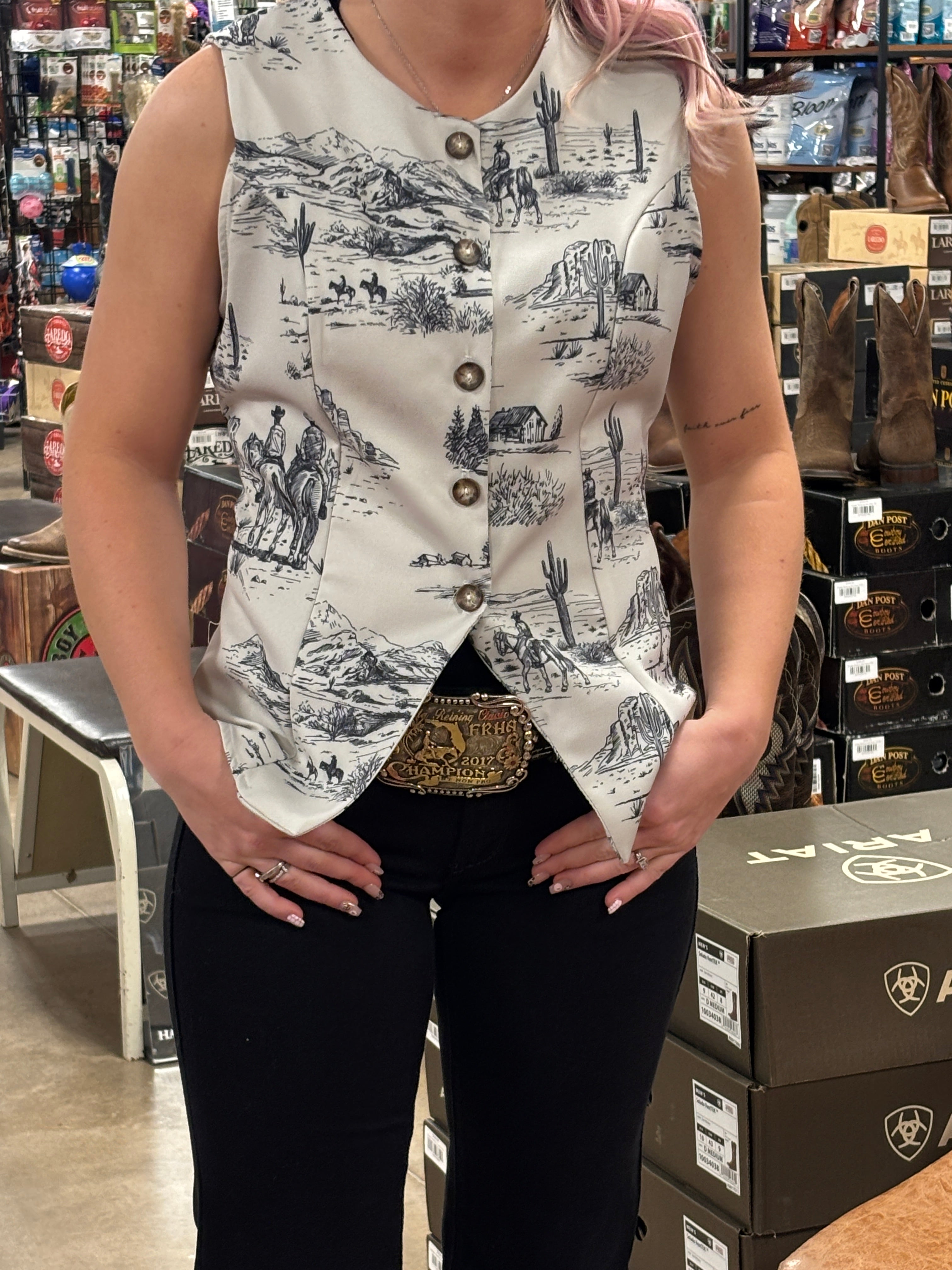 Western Life Print Button Down Woven Vest - Henderson's Western Store
