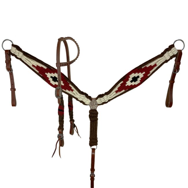 Corded One Ear & Breast Collar Set ~ Red & Brown