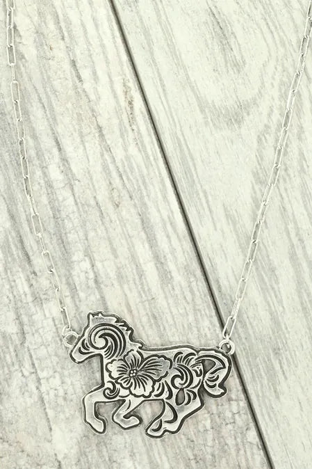 Floral Galloping Filigree Horse Pendant Necklace - Henderson's Western Store