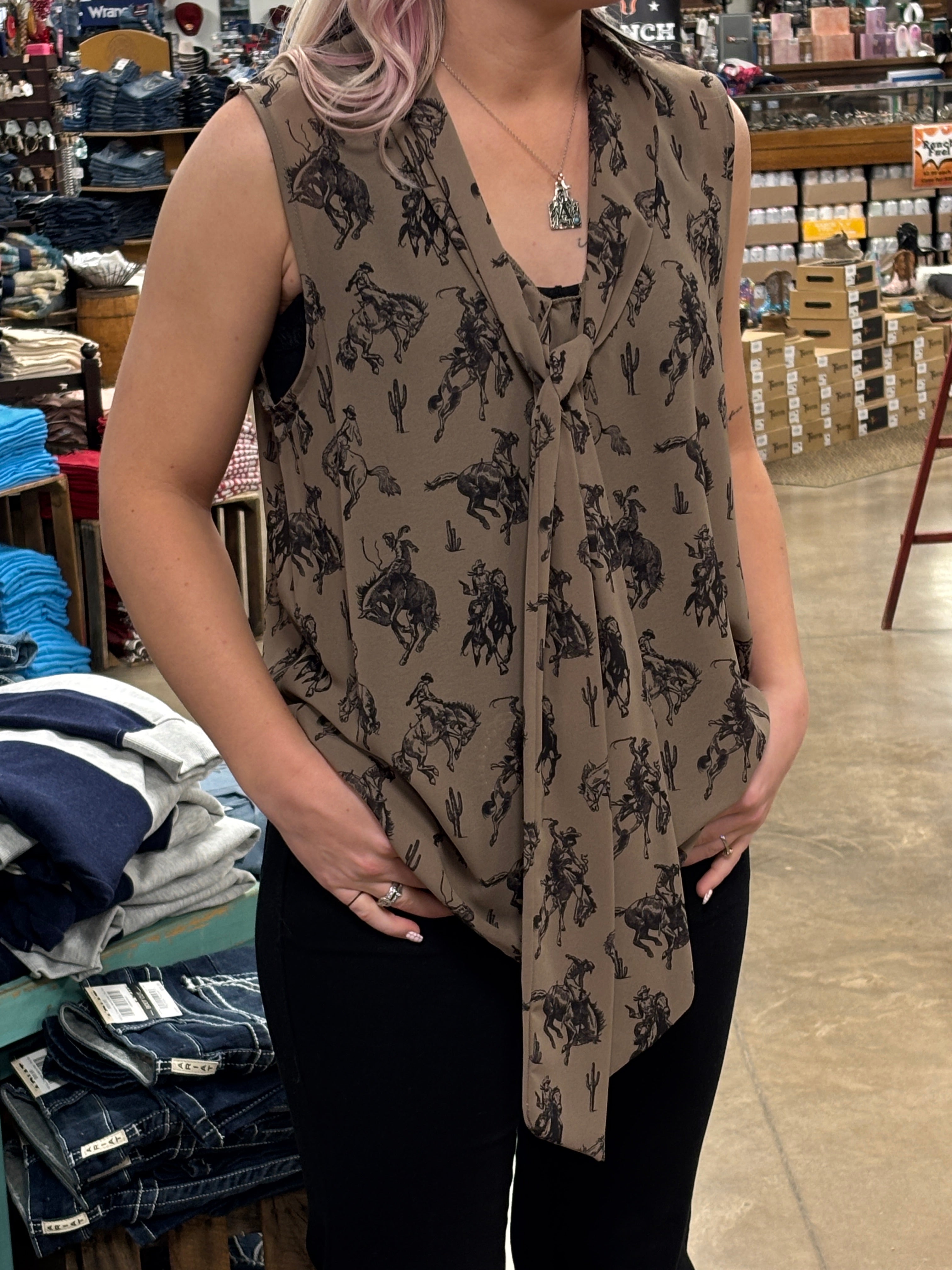 Bucking Horses Print Tie Front Woven Top - Henderson's Western Store