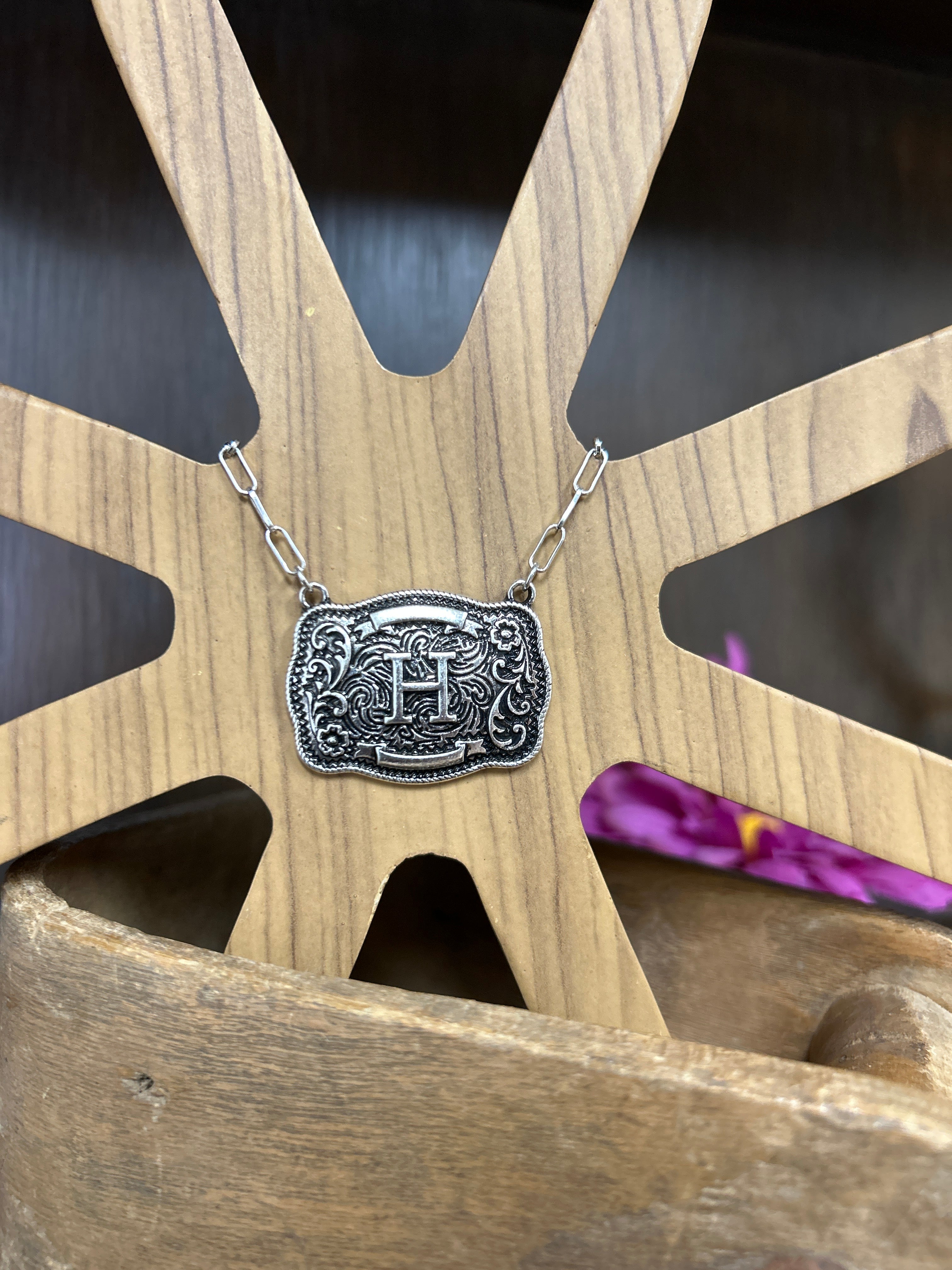 Western Buckle Initial Necklace ~ H - Henderson's Western Store