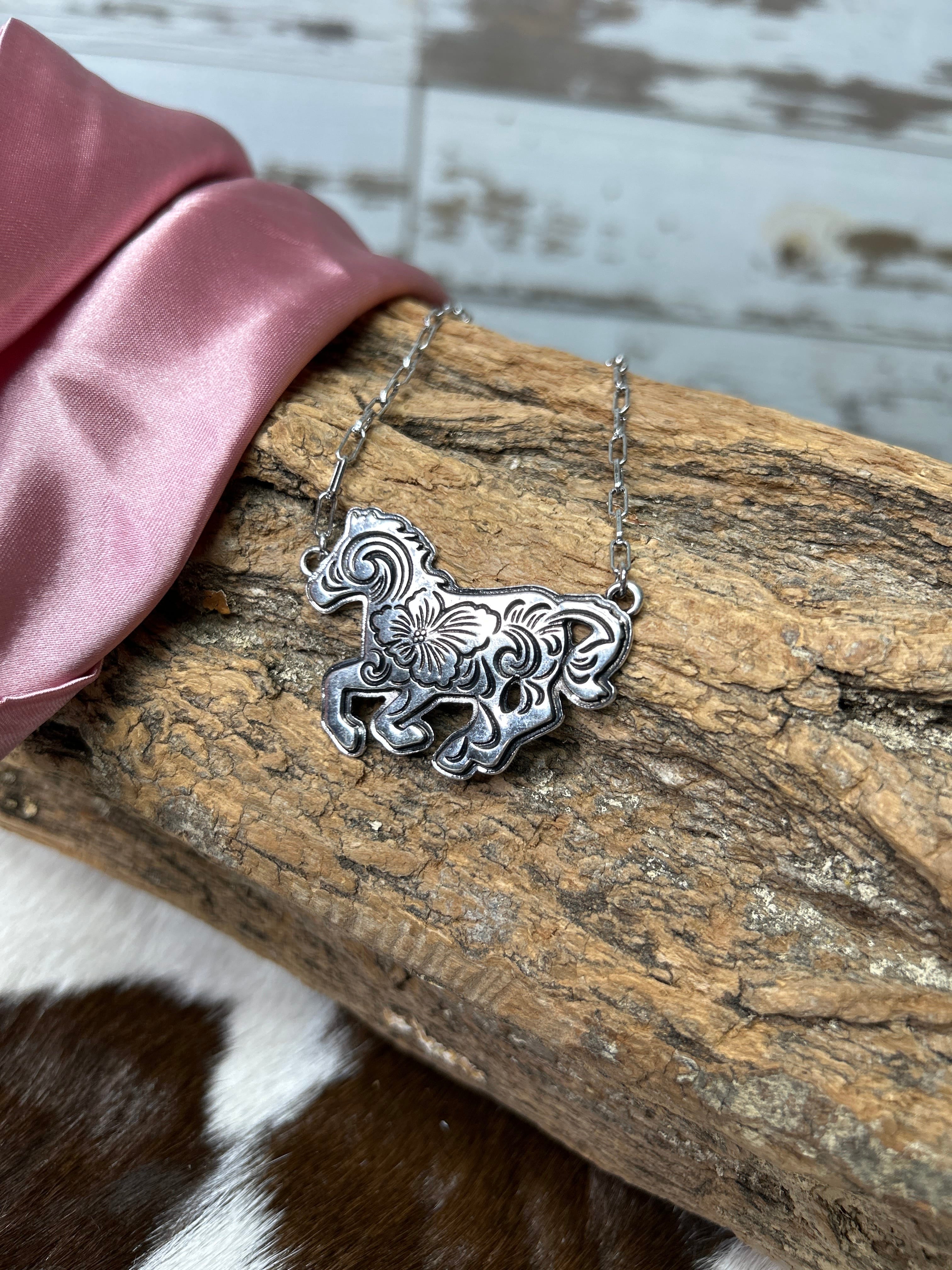 Floral Galloping Filigree Horse Pendant Necklace - Henderson's Western Store