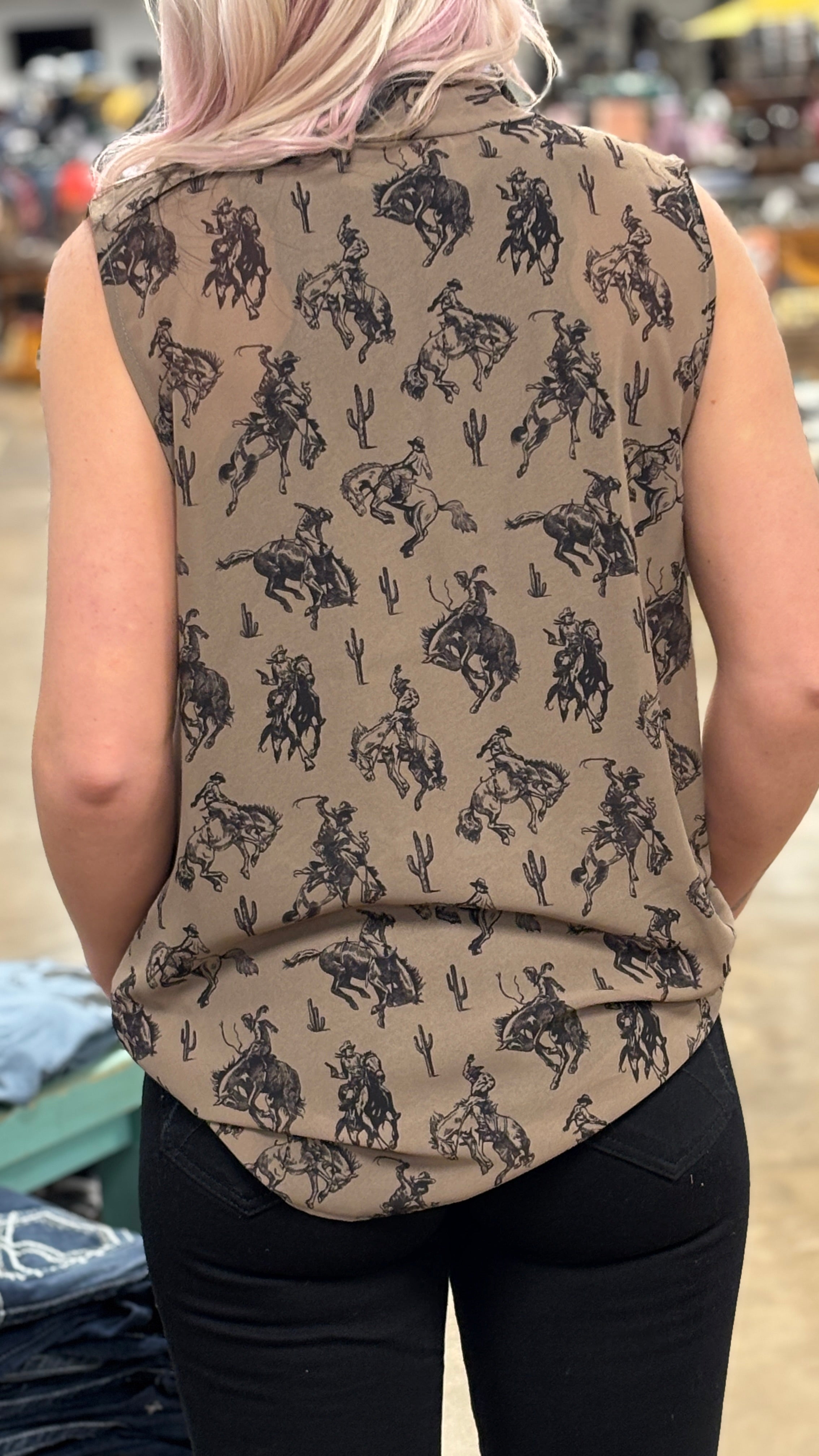 Bucking Horses Print Tie Front Woven Top - Henderson's Western Store