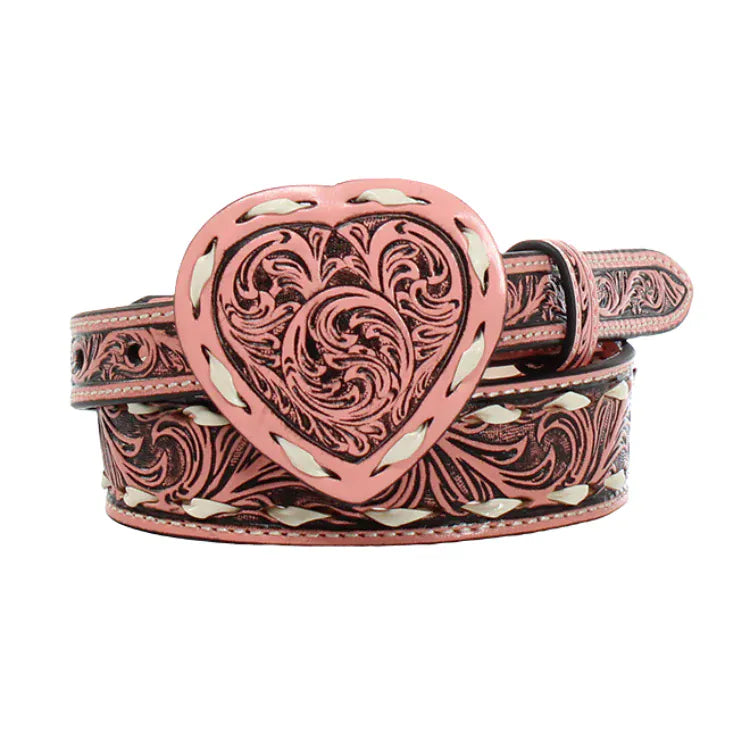 Angel Ranch Pink Buck Lace Stitching Heart Buckle Belt - Henderson's Western Store