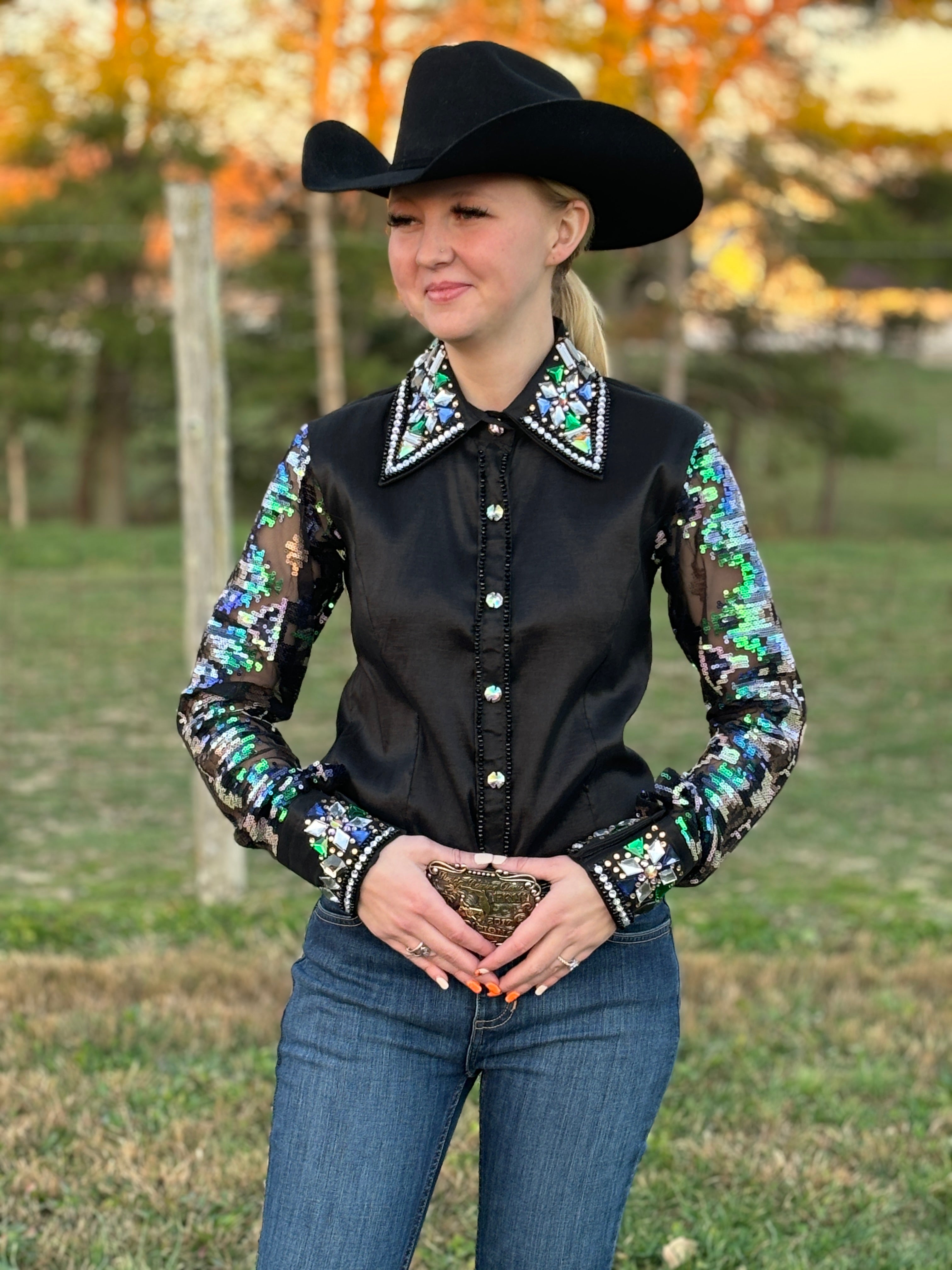 RHC Taffeta Bling Sheer Sleeve - Black/Silver - Henderson's Western Store