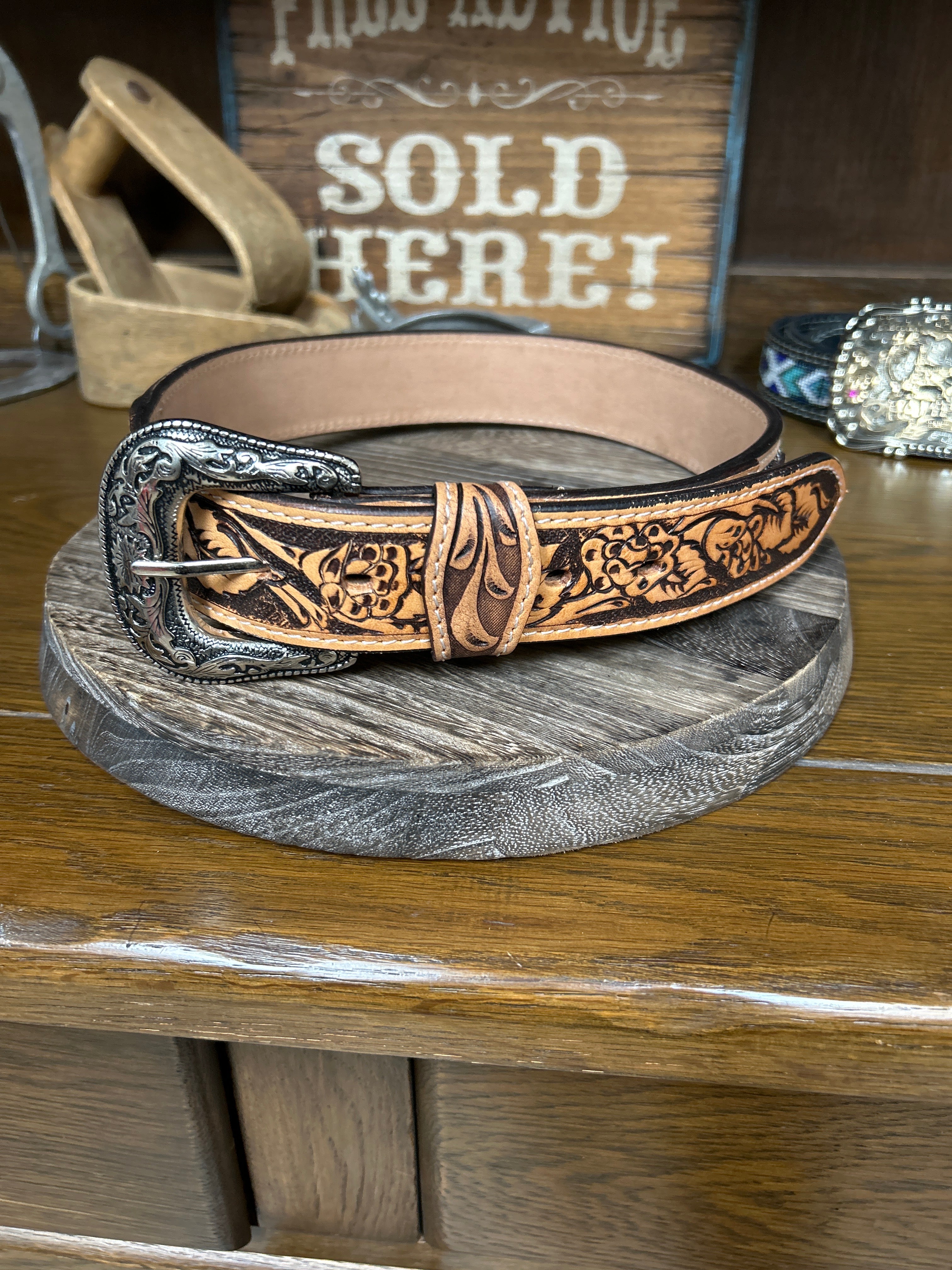 Leather Beaded Inlay Belt~Silver - Henderson's Western Store