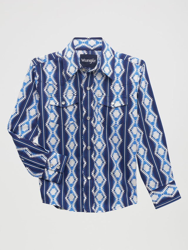 Boy's Wrangler Checotah Western Shirt ~ Navy Aztec