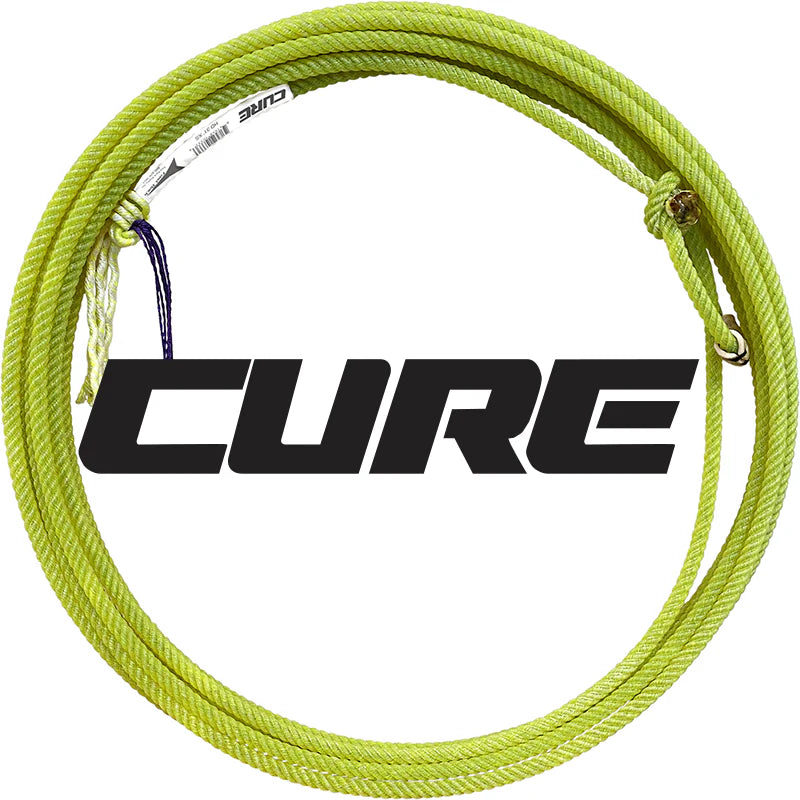 Yellow rope coiled up with 'CURE' branding on a white background