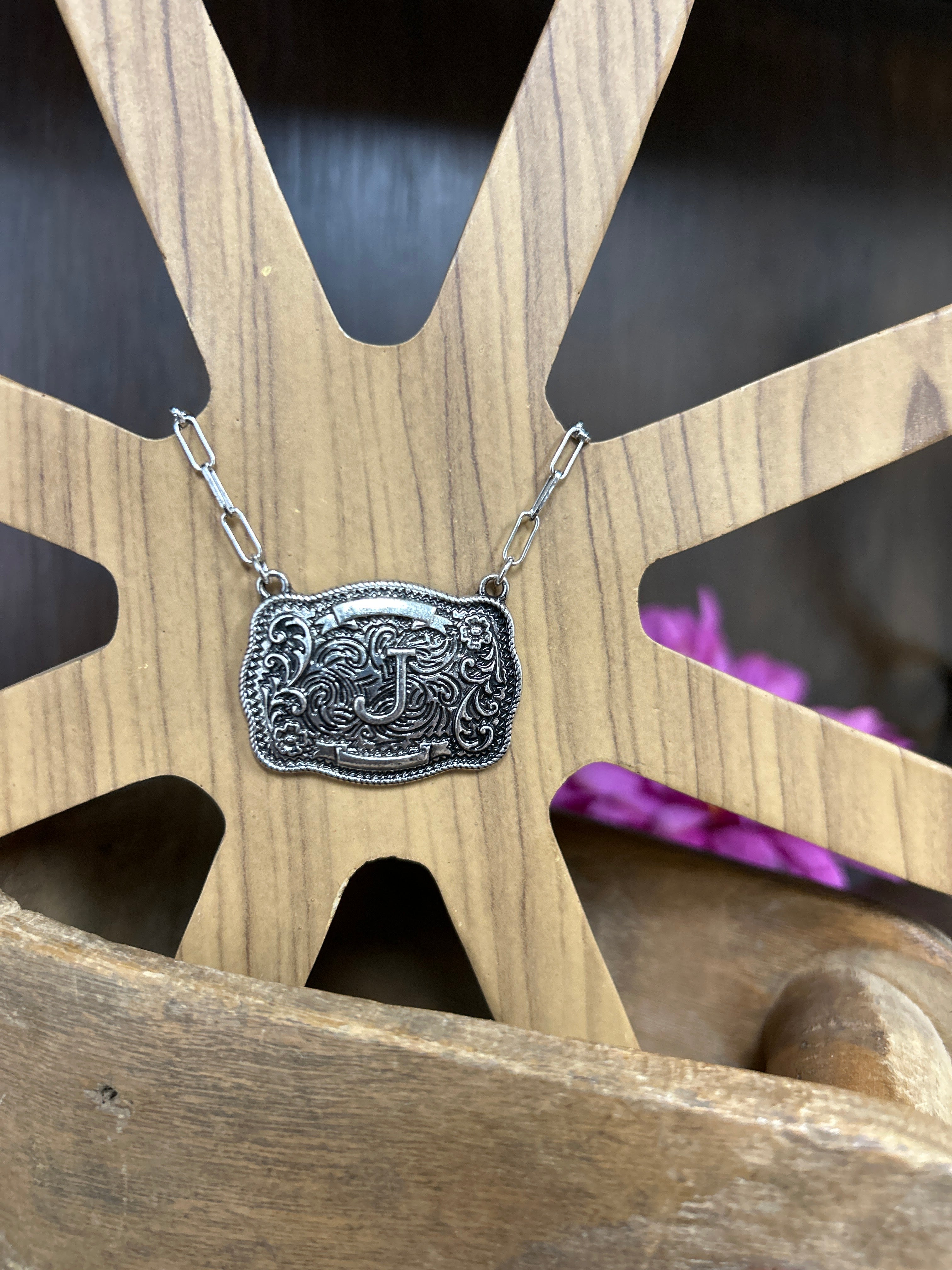 Western Buckle Initial Necklace ~ J - Henderson's Western Store