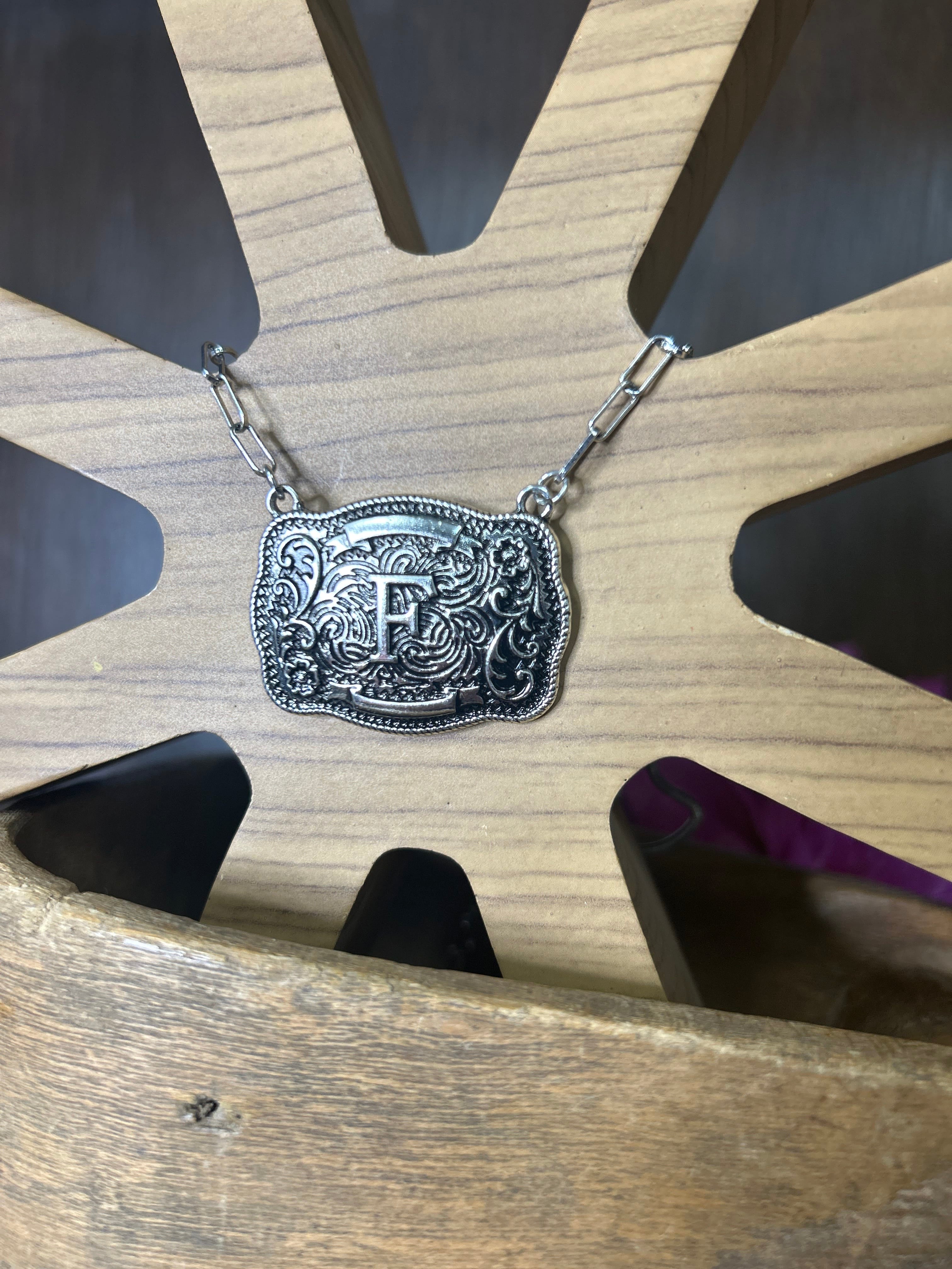 Western Buckle Initial Necklace ~ F - Henderson's Western Store