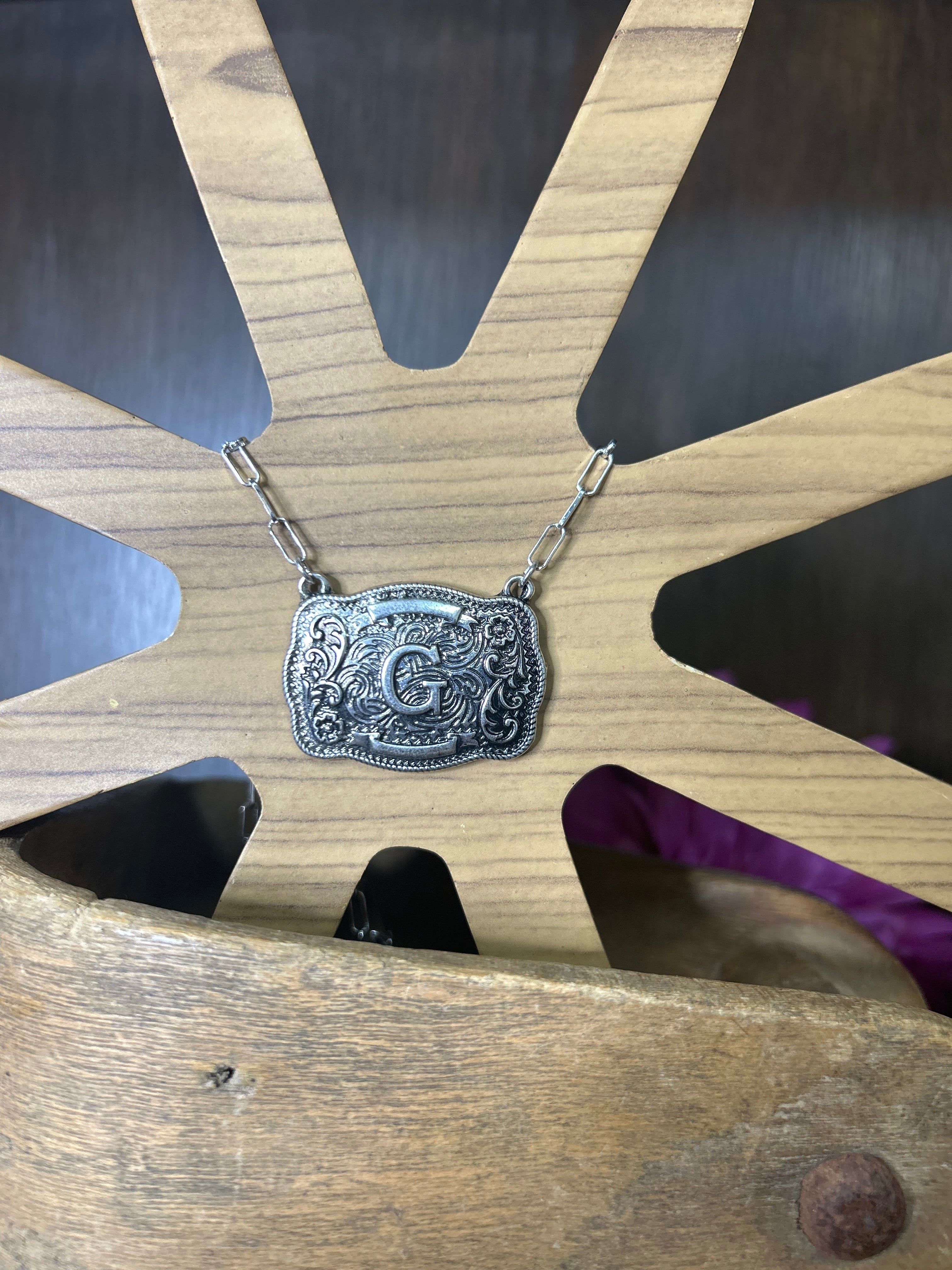 Western Buckle Initial Necklace ~ G - Henderson's Western Store