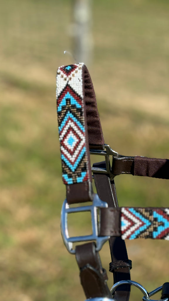 Adjustable Leather Halter W/ Beaded Overlay ~ Teal