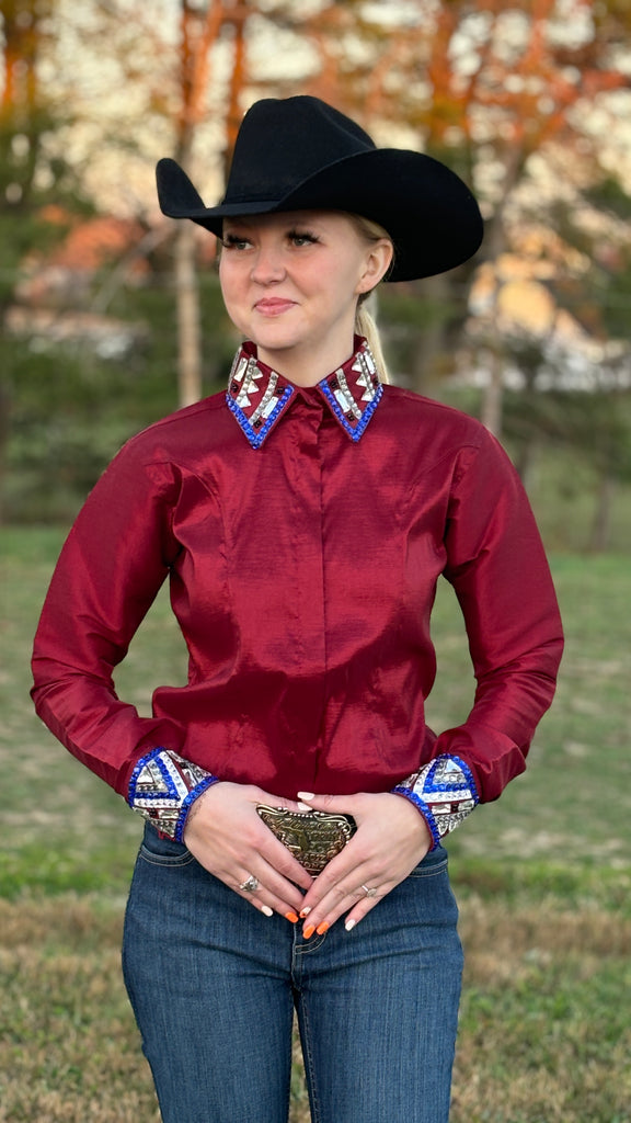 RHC Taffeta Bling Concealed Zipper Show Shirt - Burgundy