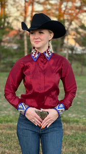 Load image into Gallery viewer, RHC Taffeta Bling Concealed Zipper Show Shirt - Burgundy