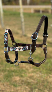 Load image into Gallery viewer, Adjustable Leather Halter W/ Beaded Overlay ~ Teal