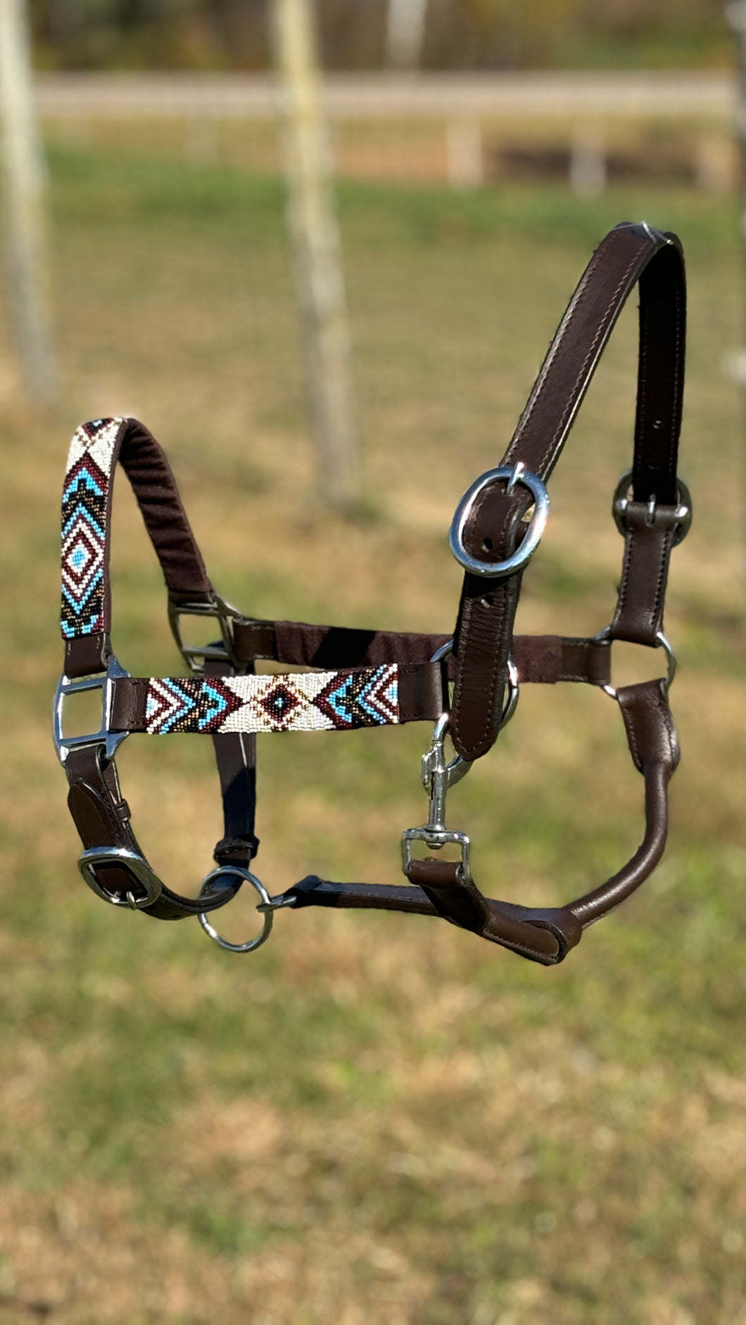 Adjustable Leather Halter W/ Beaded Overlay ~ Teal