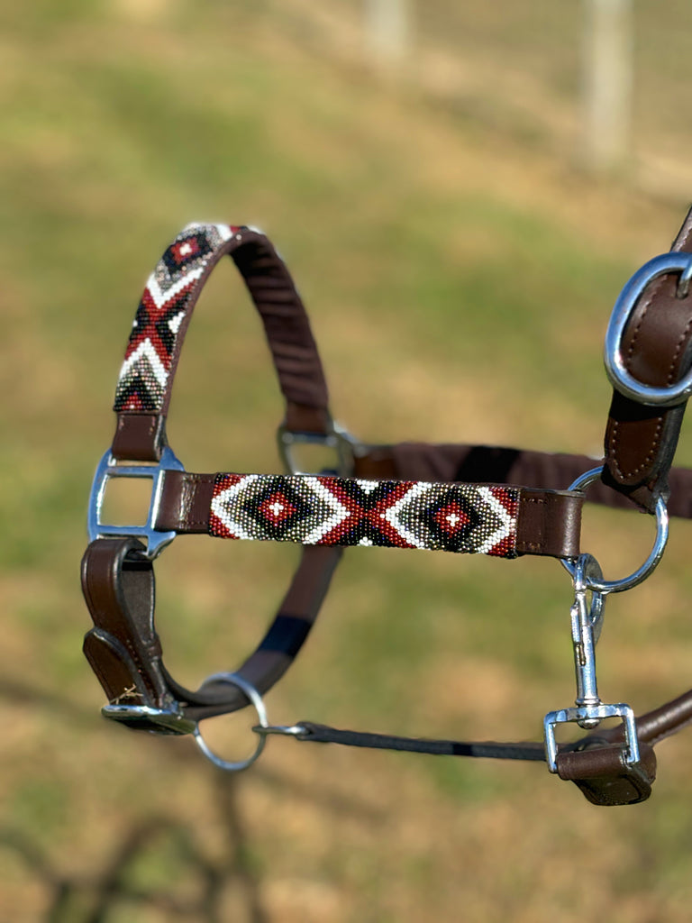 Adjustable Leather Halter W/ Beaded Overlay ~ Burgundy