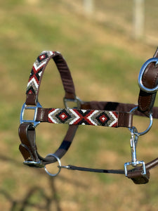 Load image into Gallery viewer, Adjustable Leather Halter W/ Beaded Overlay ~ Burgundy