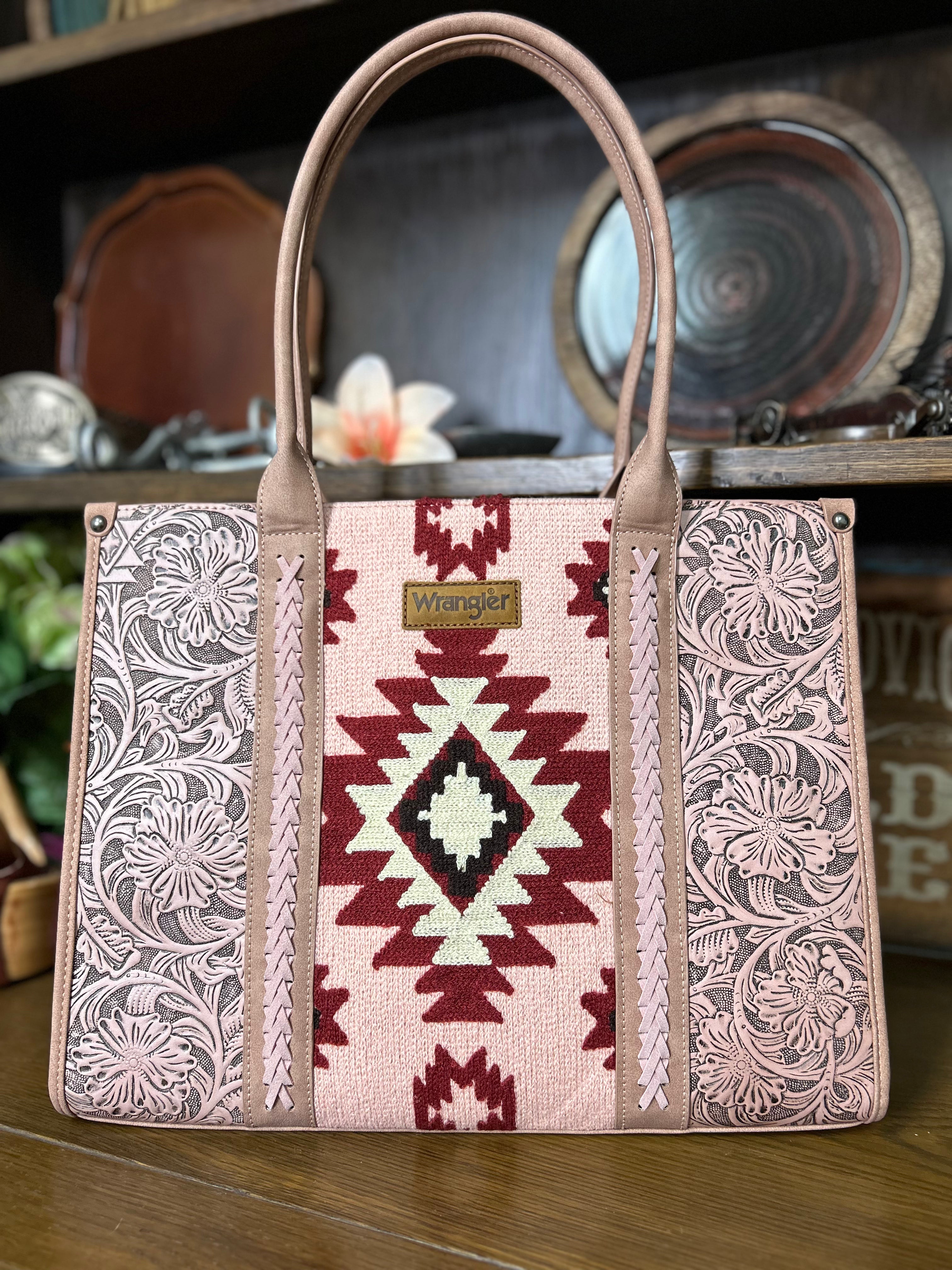 Wrangler Tooled Aztec Large Tote ~ Pink - Henderson's Western Store